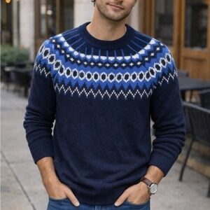 Gap $88 Small‎ Navy Blue Fair Isle Nordic Crew Neck Wool Blend Sweater